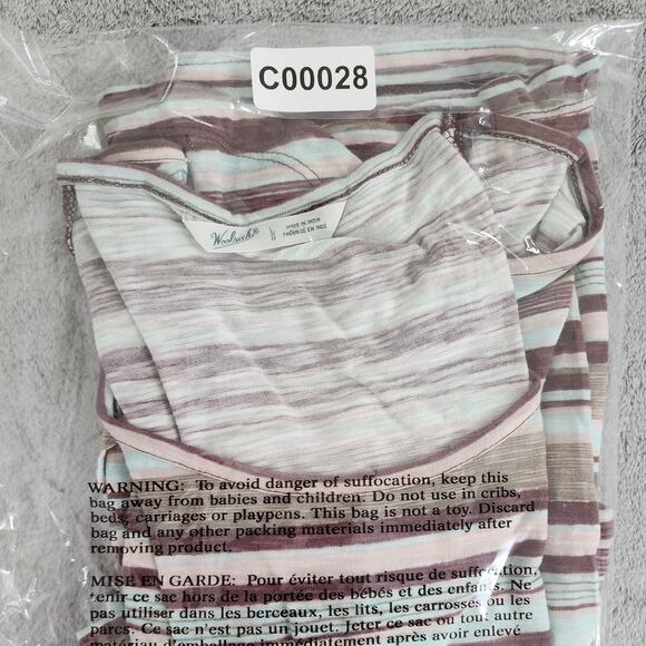 Woolrich Top Womens L Brown Blue Striped Scoop Neck Short Sleeve Kangaroo Pocket - Picture 8 of 8